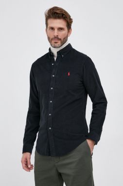Manšestrová košeľa Polo Ralph Lauren pánska, čierna farba, regular, s golierom button-down