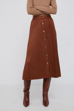 Sukňa Dkny hnedá farba, midi, áčkový strih