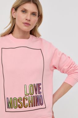 Bavlnená mikina Love Moschino dámska, ružová farba, s nášivkou