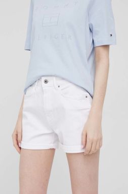 Rifľové krátke nohavice Pepe Jeans Mary Short dámske, biela farba, jednofarebné, vysoký pás