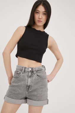 Rifľové krátke nohavice Tommy Jeans Bf6172 dámske, šedá farba, jednofarebné, vysoký pás