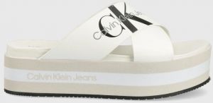Kožené šľapky Calvin Klein Jeans dámske, biela farba, na platforme