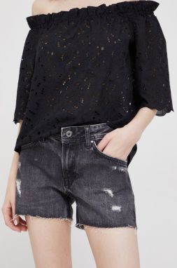 Rifľové krátke nohavice Pepe Jeans Thrasher dámske, čierna farba, jednofarebné, stredne vysoký pás