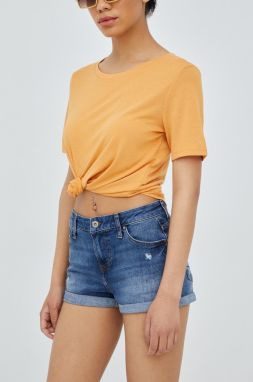 Rifľové krátke nohavice Cross Jeans dámske, tmavomodrá farba, jednofarebné, stredne vysoký pás