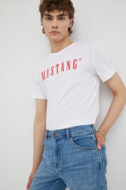 Bavlnené tričko Mustang biela farba, s potlačou