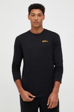 Bavlnené tričko s dlhým rukávom Jack Wolfskin Essential čierna farba, jednofarebné