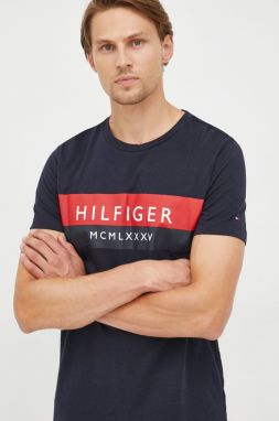 Bavlnené tričko Tommy Hilfiger tmavomodrá farba, s potlačou