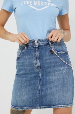 Rifľová sukňa Love Moschino tmavomodrá farba, mini, rovný strih