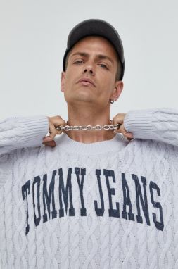 Sveter Tommy Jeans pánsky, šedá farba,