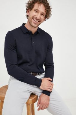 Vlnený sveter BOSS pánsky, tmavomodrá farba, tenký