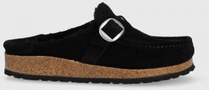 Kožené šľapky Birkenstock Buckley Shearling dámske, čierna farba,