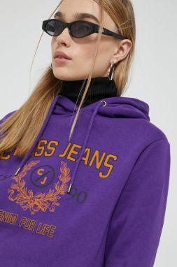 Mikina Cross Jeans dámska, fialová farba, s kapucňou, s potlačou