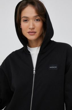 Bavlnená mikina Calvin Klein Jeans dámska, čierna farba, s kapucňou, jednofarebná