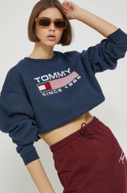 mikina Tommy Jeans dámska, tmavomodrá farba, s nášivkou