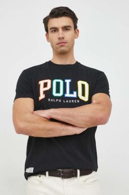 Bavlnené tričko Polo Ralph Lauren čierna farba, s nášivkou