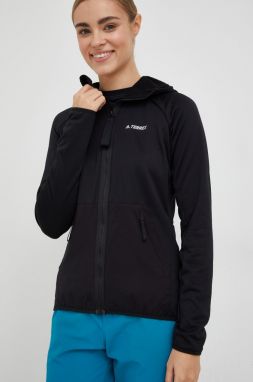 Športová mikina adidas TERREX Flooce Light dámska, čierna farba, s kapucňou, jednofarebná