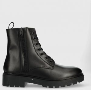 Kožené členkové topánky Calvin Klein Jeans Combat Mid Laceup Boot W Zip pánske, čierna farba