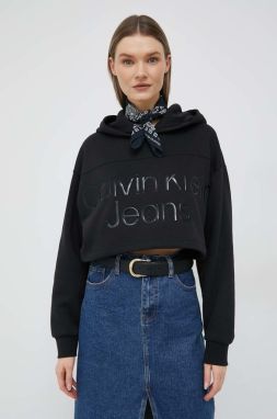 Mikina Calvin Klein Jeans dámska, čierna farba, s kapucňou, s nášivkou