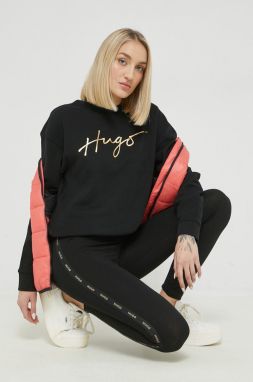 Legíny HUGO dámske, čierna farba, s nášivkou