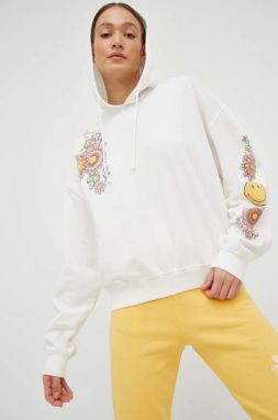 Bavlnená mikina Billabong X SMILEY dámska, biela farba, s kapucňou, s potlačou