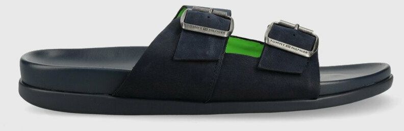 Semišové šľapky Tommy Hilfiger HILFIGER NUBUCK BUCKLES SANDAL pánske, tmavomodrá farba, FM0FM04459