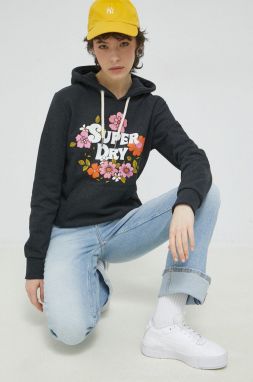 Mikina Superdry dámska, šedá farba, s kapucňou, s potlačou