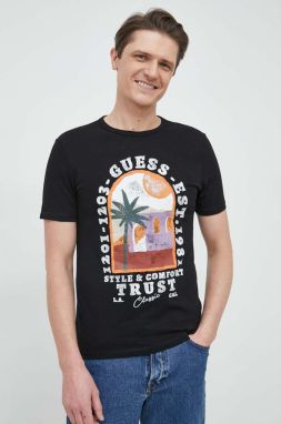 Bavlnené tričko Guess čierna farba, s potlačou