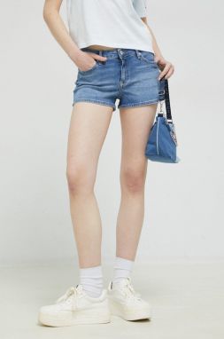 Rifľové krátke nohavice Tommy Jeans dámske, jednofarebné, stredne vysoký pás