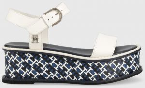 Kožené sandále Tommy Hilfiger NEW ARTISANAL FLATFORM dámske, biela farba, na platforme