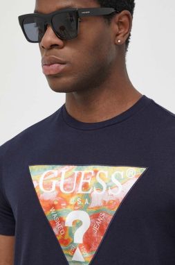 Bavlnené tričko Guess tmavomodrá farba, s nášivkou