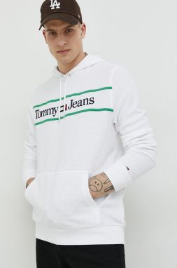 Mikina Tommy Jeans pánska, biela farba, s kapucňou, s nášivkou