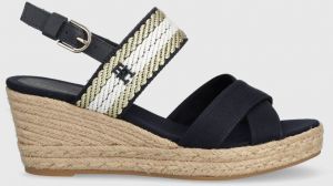 Sandále Tommy Hilfiger GOLDEN WEBBING MID WEDGE dámske, tmavomodrá farba, na kline, FW0FW07090