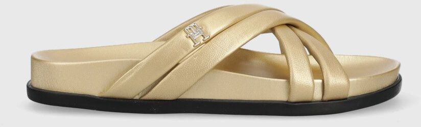 Kožené šľapky Tommy Hilfiger STRAP FEMININE SANDAL GOLDEN dámske, zlatá farba, FW0FW06994