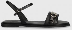 Kožené sandále Calvin Klein ALMOND SANDAL W/HW dámske, čierna farba, HW0HW01483