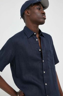 Ľanová košeľa Marc O'Polo tmavomodrá farba, regular, s klasickým golierom