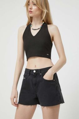 Rifľové krátke nohavice Tommy Jeans dámske, čierna farba, jednofarebné, vysoký pás