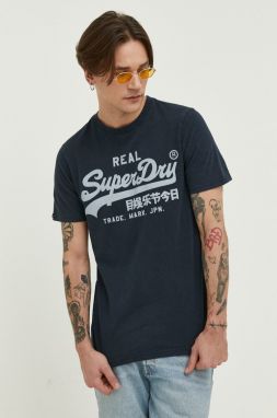 Bavlnené tričko Superdry tmavomodrá farba, s potlačou