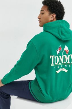 Bavlnená mikina Tommy Jeans pánska, zelená farba, s kapucňou, s potlačou