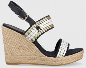 Sandále Tommy Hilfiger GOLDEN WEBBING WEDGE dámske, tmavomodrá farba, na kline, FW0FW07089