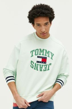 Bavlnená mikina Tommy Jeans pánska, zelená farba, s nášivkou