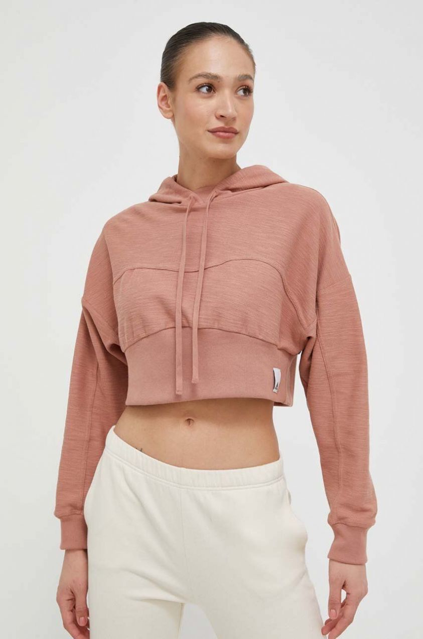 Bavlnená mikina adidas dámska, hnedá farba, s kapucňou, jednofarebná