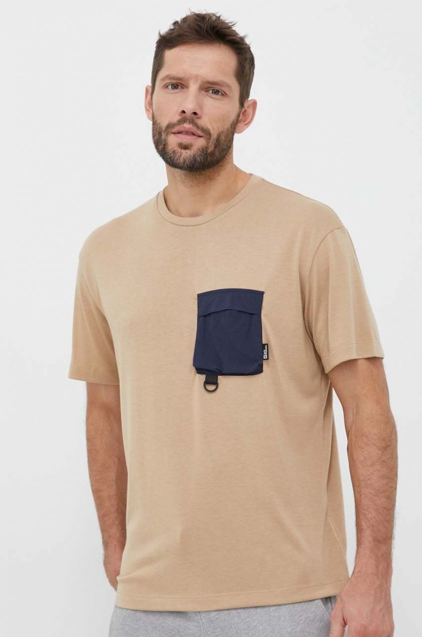 Tričko Jack Wolfskin pánske, béžová farba, jednofarebné