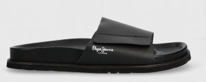 Kožené šľapky Pepe Jeans BIO pánske, čierna farba, PMS90105