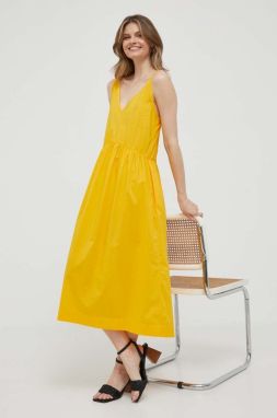 Bavlnené šaty United Colors of Benetton žltá farba, midi, áčkový strih