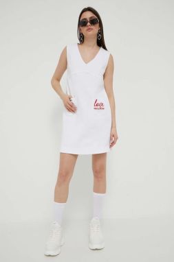 Rifľové šaty Love Moschino biela farba, mini, rovný strih