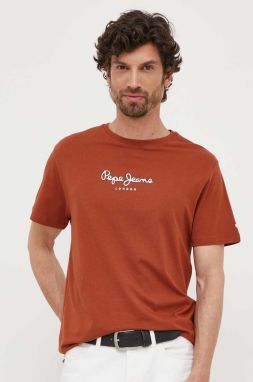 Bavlnené tričko Pepe Jeans EDWARD hnedá farba, s potlačou