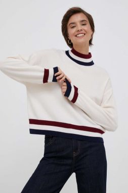 Vlnený sveter Tommy Hilfiger dámsky, béžová farba, tenký, s polorolákom