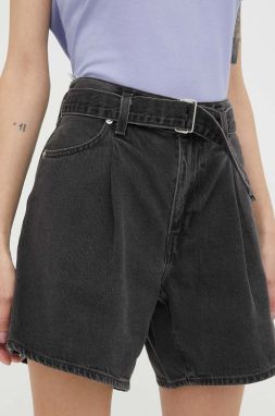 Rifľové krátke nohavice Levi's dámske, čierna farba, jednofarebné, vysoký pás