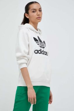 Mikina adidas Originals dámska, biela farba, s kapucňou, s potlačou