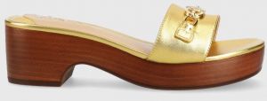 Kožené šľapky Lauren Ralph Lauren ROXANNE dámske, zlatá farba, na podpätku, 802900076001